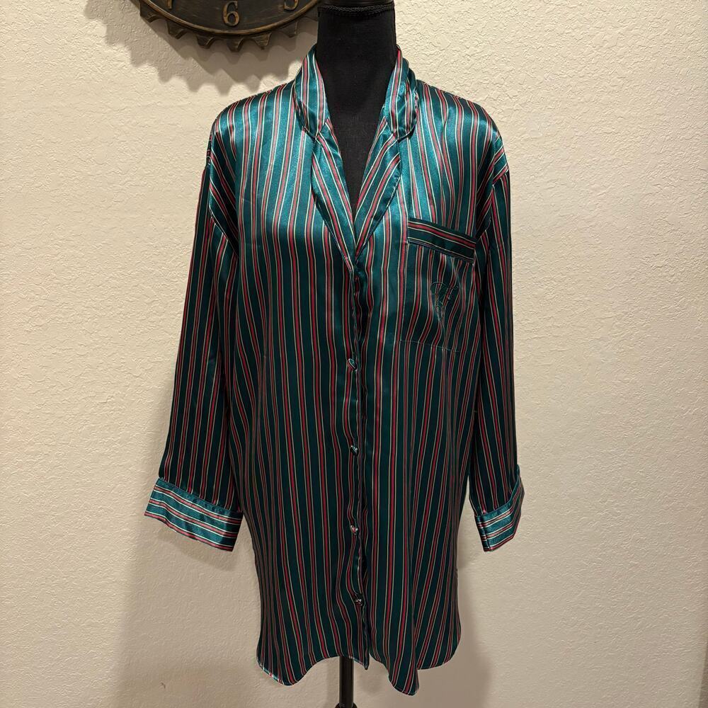 VTG VICTORIA'S SECRET Sleepshirt Satin Striped Green/Red Sz S Relaxed Alluring